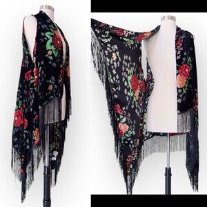 VTG Y2K Burnout Velvet Fringe Kimono Duster Cardigan Vest OS Floral Whimsigoth